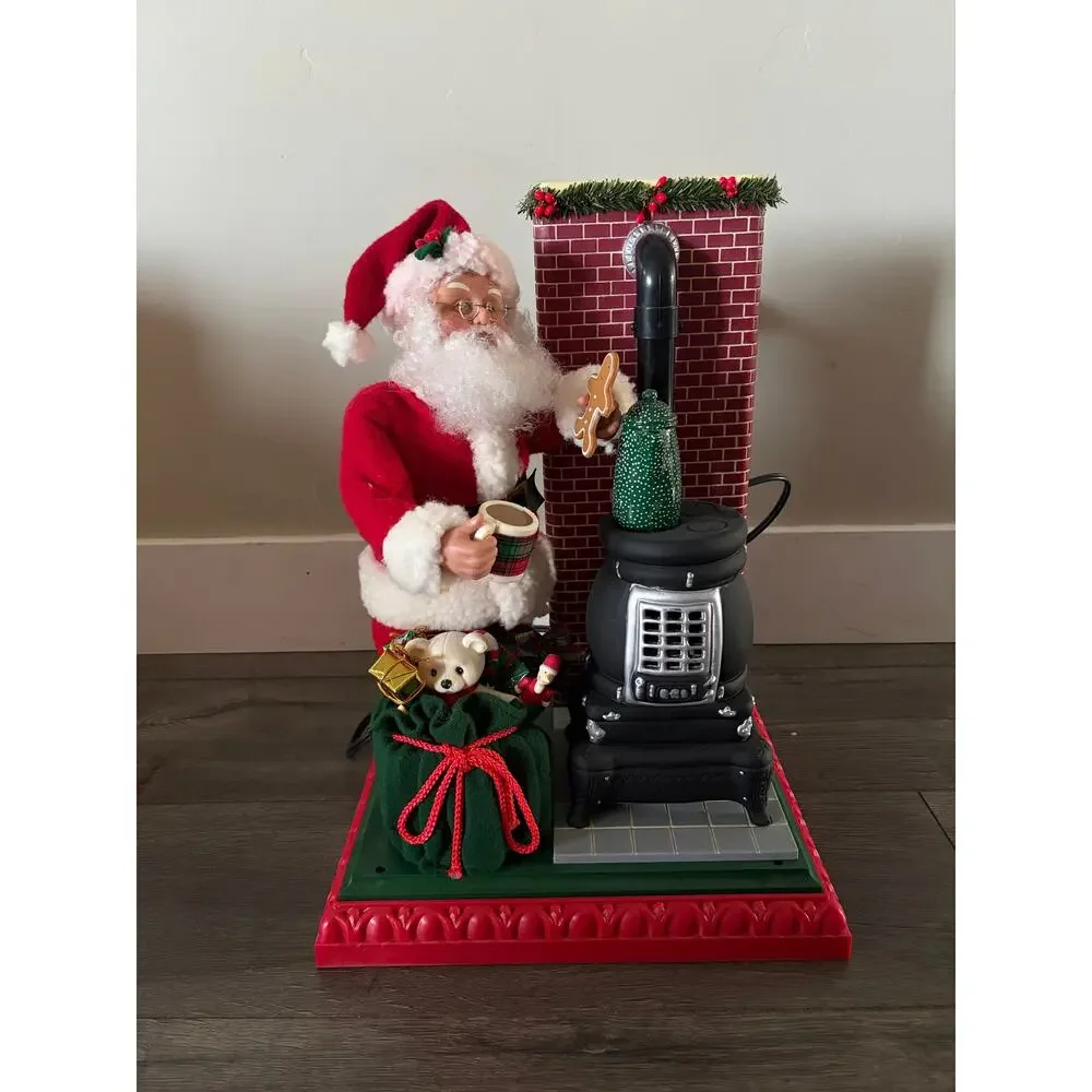 VTG Boxed Holiday Creations Animated Musical Lighted Santa Pot Belly Stove Works